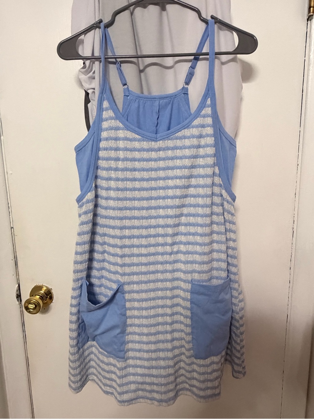 Light Blue Striped Cotton Tank Dress with built in shorts